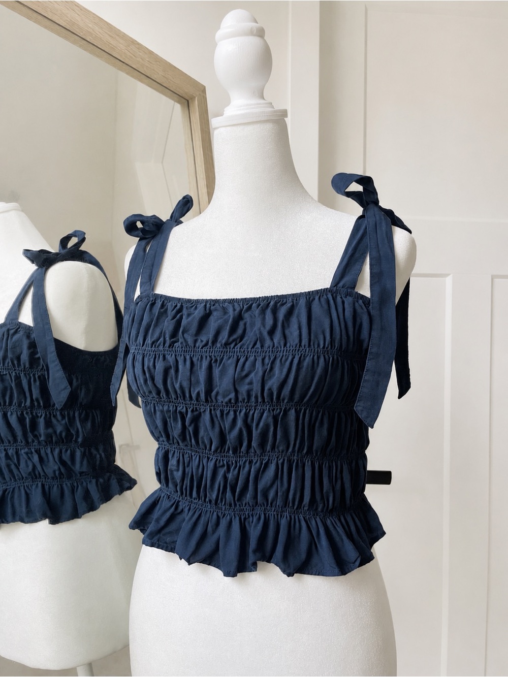 Darling Navy Smocked Tie-Strap Ruched Top